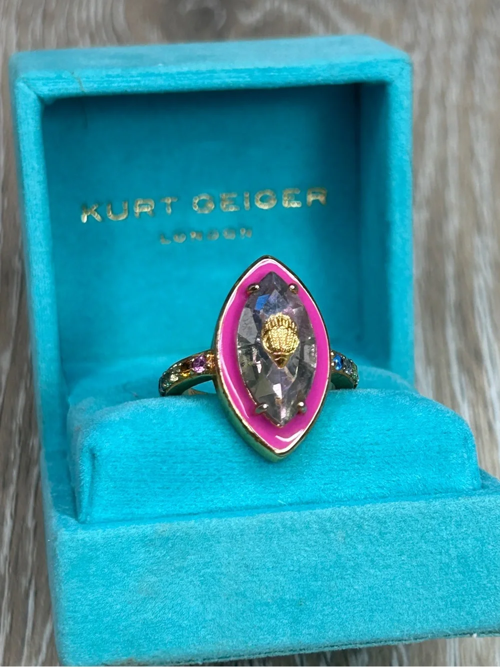 Kurt Geiger Gold-Tone w/Pink Enamel Clear Marquise Stone Statement Ring Size 8